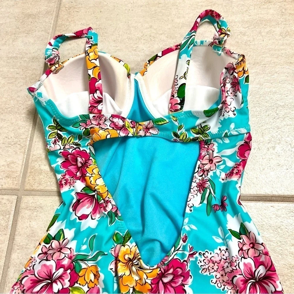 Leilani Push up Swimsuit Turquoise Blue Zinnias Floral women’s 10 multiple ways